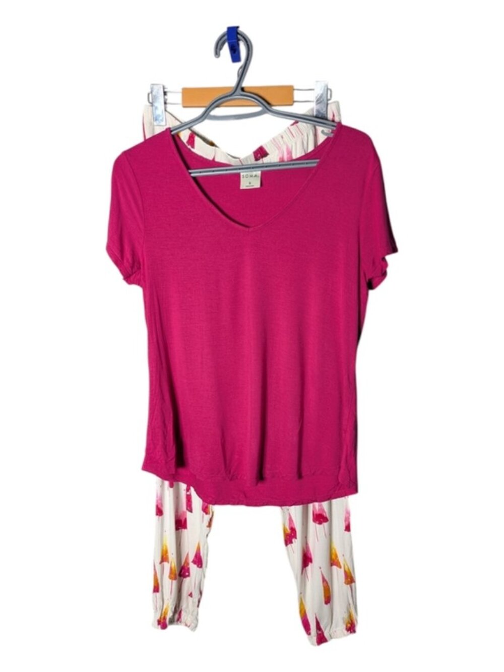 Soma PJ Set Short‎ Sleeve Elastic Cuff Fuchsia/White Trees Rayon Size Small